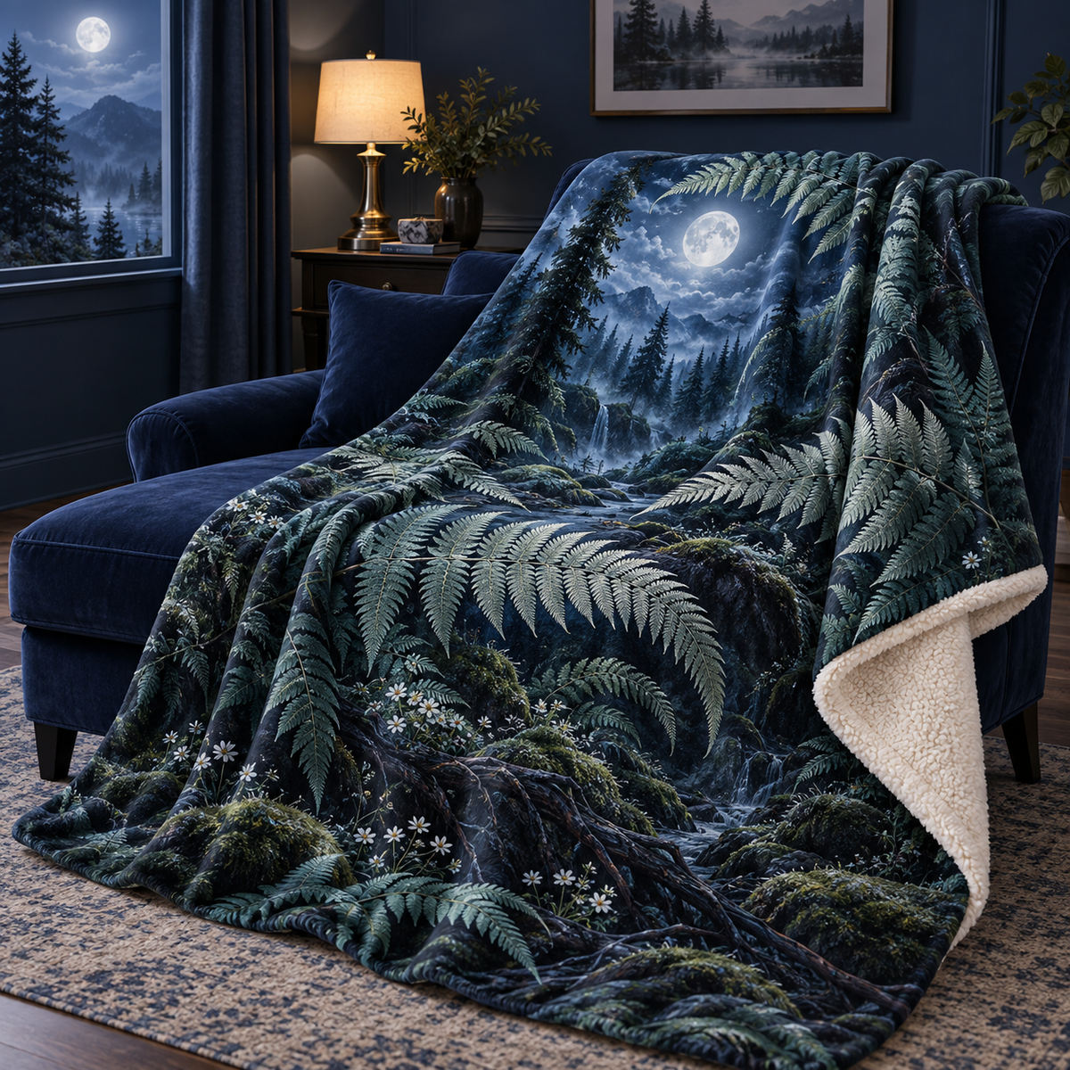 Silver Fern Moon Sanctuary Sherpa & Fleece Blanket with printed optical 3D artwork in its use setting