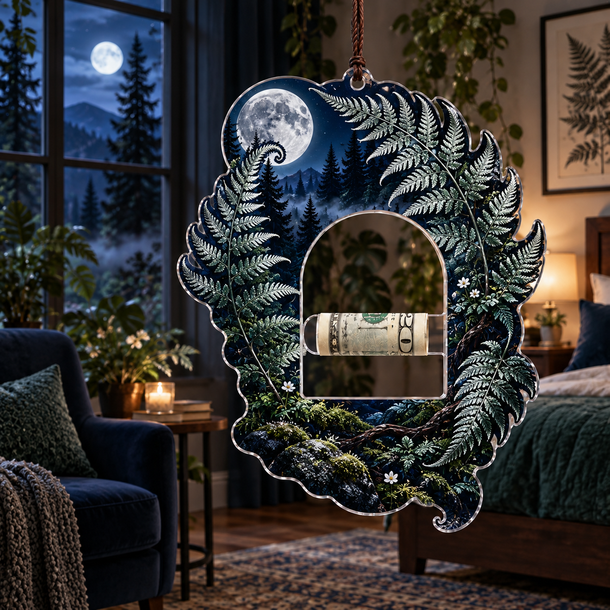 Silver Fern Moon Sanctuary Acrylic Cash Holder Ornament with printed optical 3D artwork in its use setting