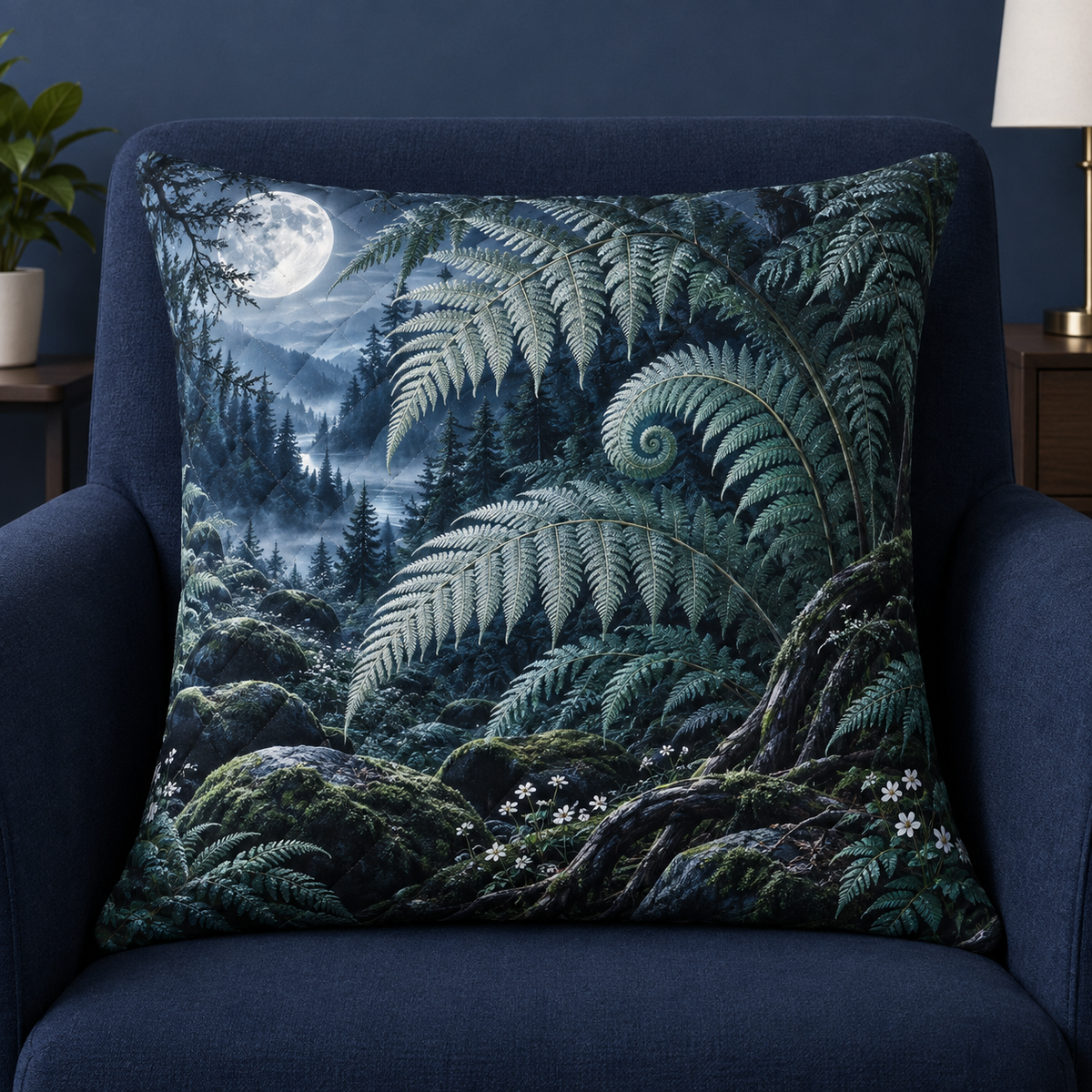 Silver Fern Moon Sanctuary Quilted Cushion Cover with printed optical 3D artwork in its use setting