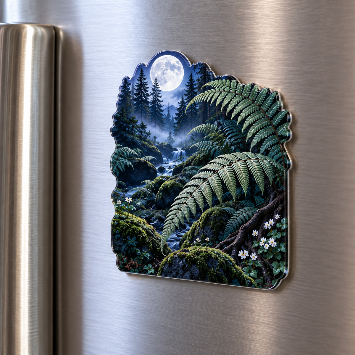 Silver Fern Moon Sanctuary Acrylic Refrigerator Magnet with printed optical 3D artwork in its use setting
