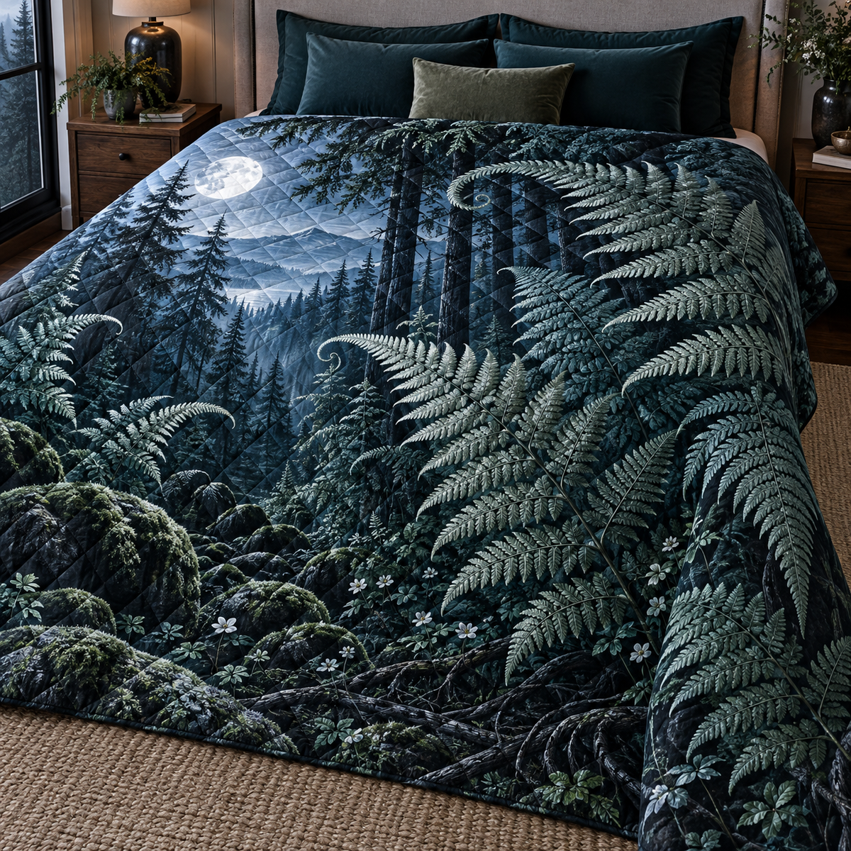 Silver Fern Moon Sanctuary Quilt Blanket with printed optical 3D artwork in its use setting