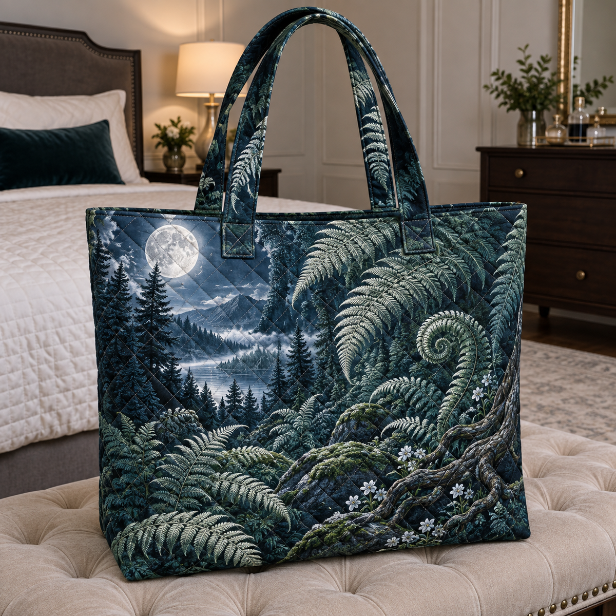Silver Fern Moon Sanctuary Quilted Tote Bag with printed optical 3D artwork in its use setting