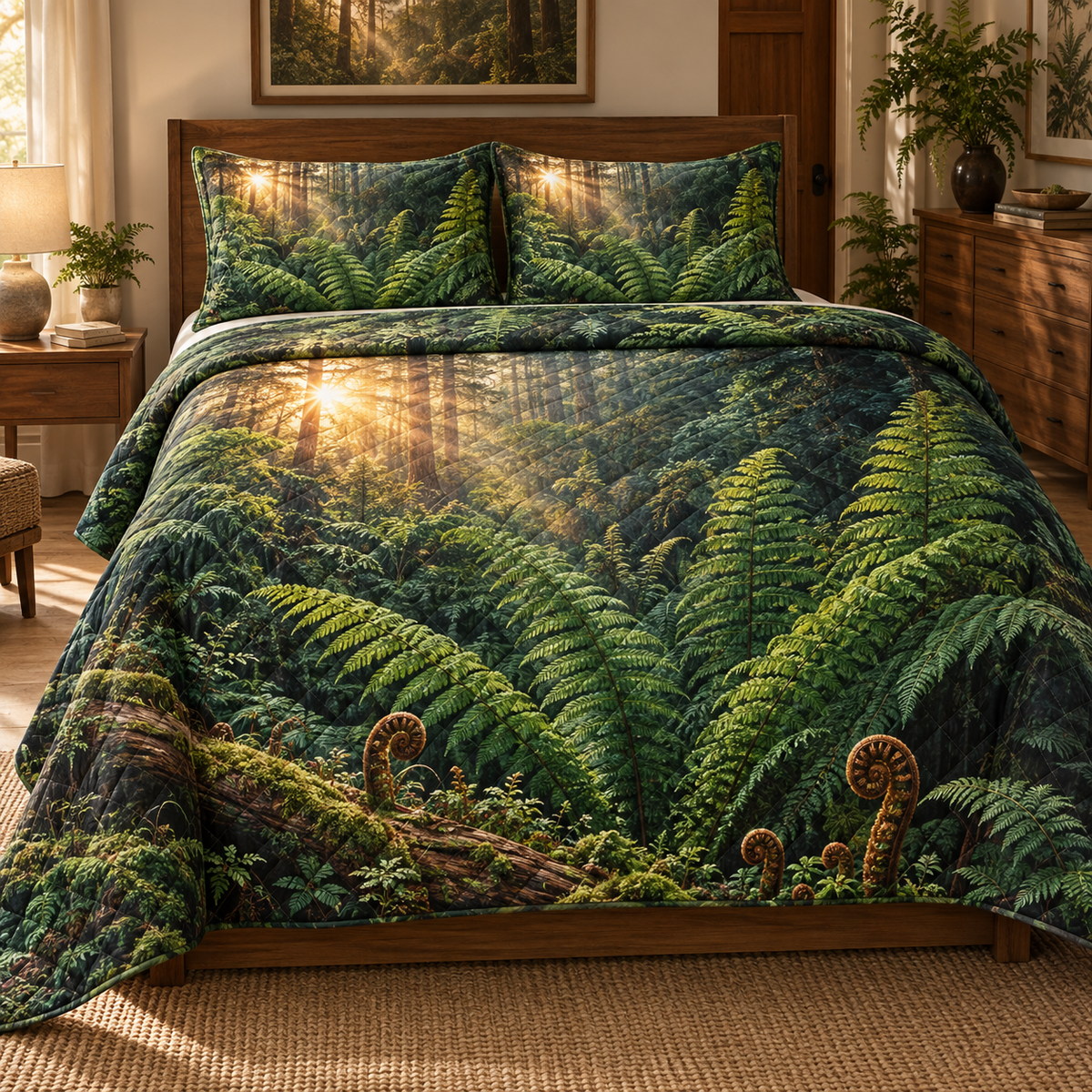 Emerald Fern Sunburst Atrium Quilted Bedding Set with printed optical 3D artwork in its use setting