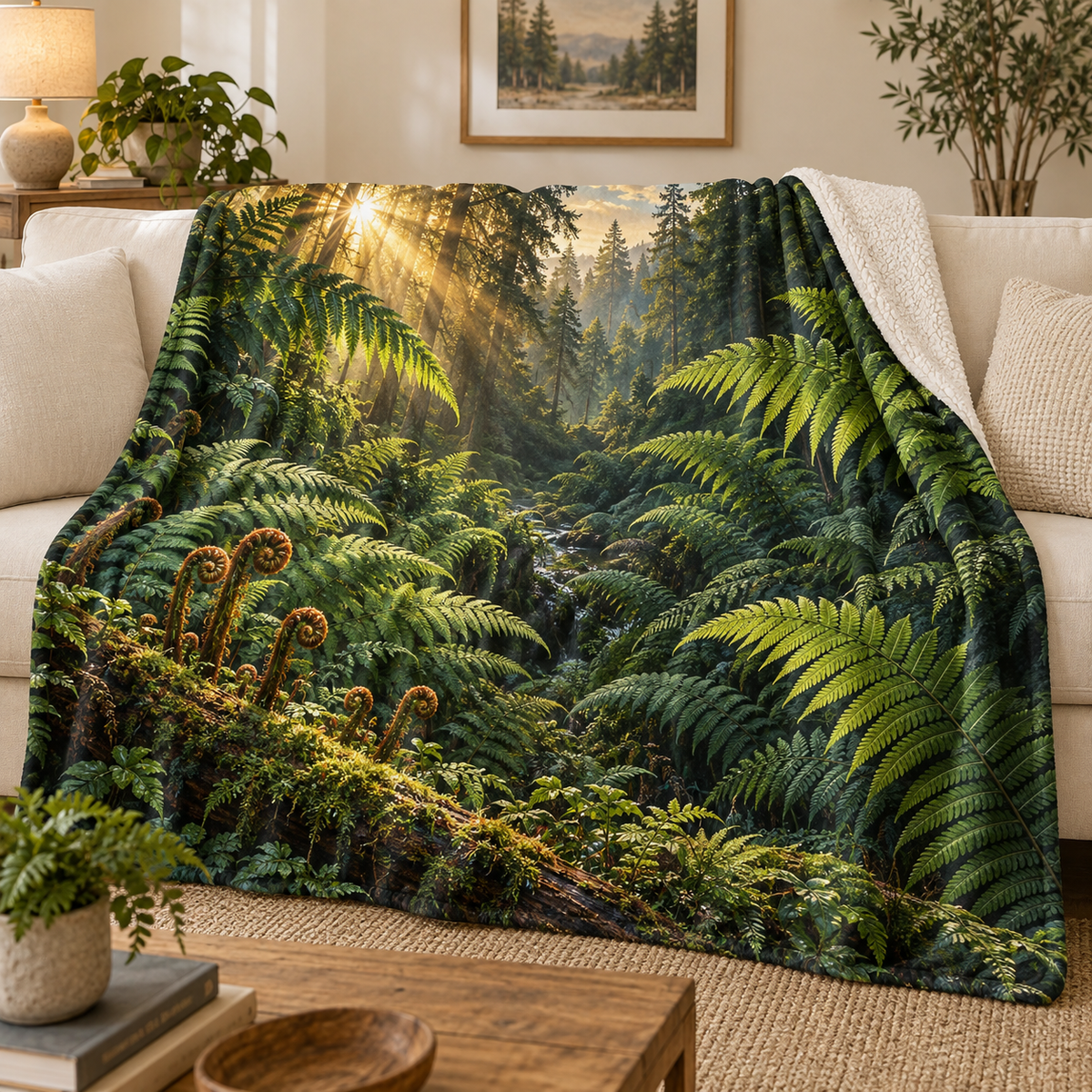 Emerald Fern Sunburst Atrium Sherpa & Fleece Blanket with printed optical 3D artwork in its use setting