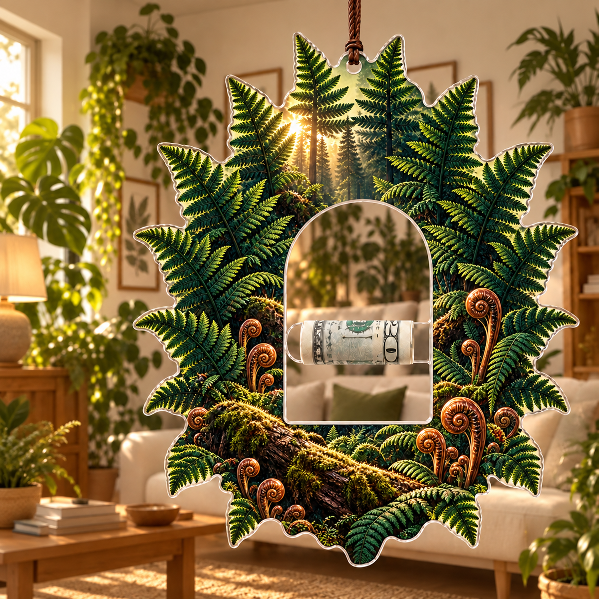 Emerald Fern Sunburst Atrium Acrylic Cash Holder Ornament with printed optical 3D artwork in its use setting