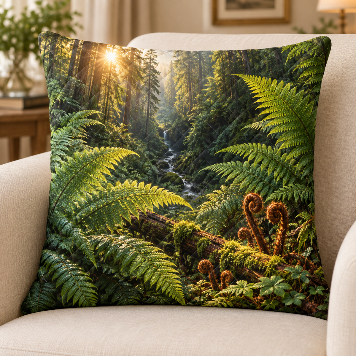 Emerald Fern Sunburst Atrium Quilted Cushion Cover with printed optical 3D artwork in its use setting