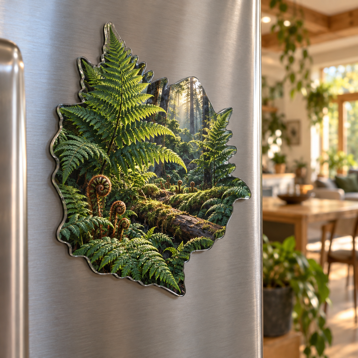 Emerald Fern Sunburst Atrium Acrylic Refrigerator Magnet with printed optical 3D artwork in its use setting