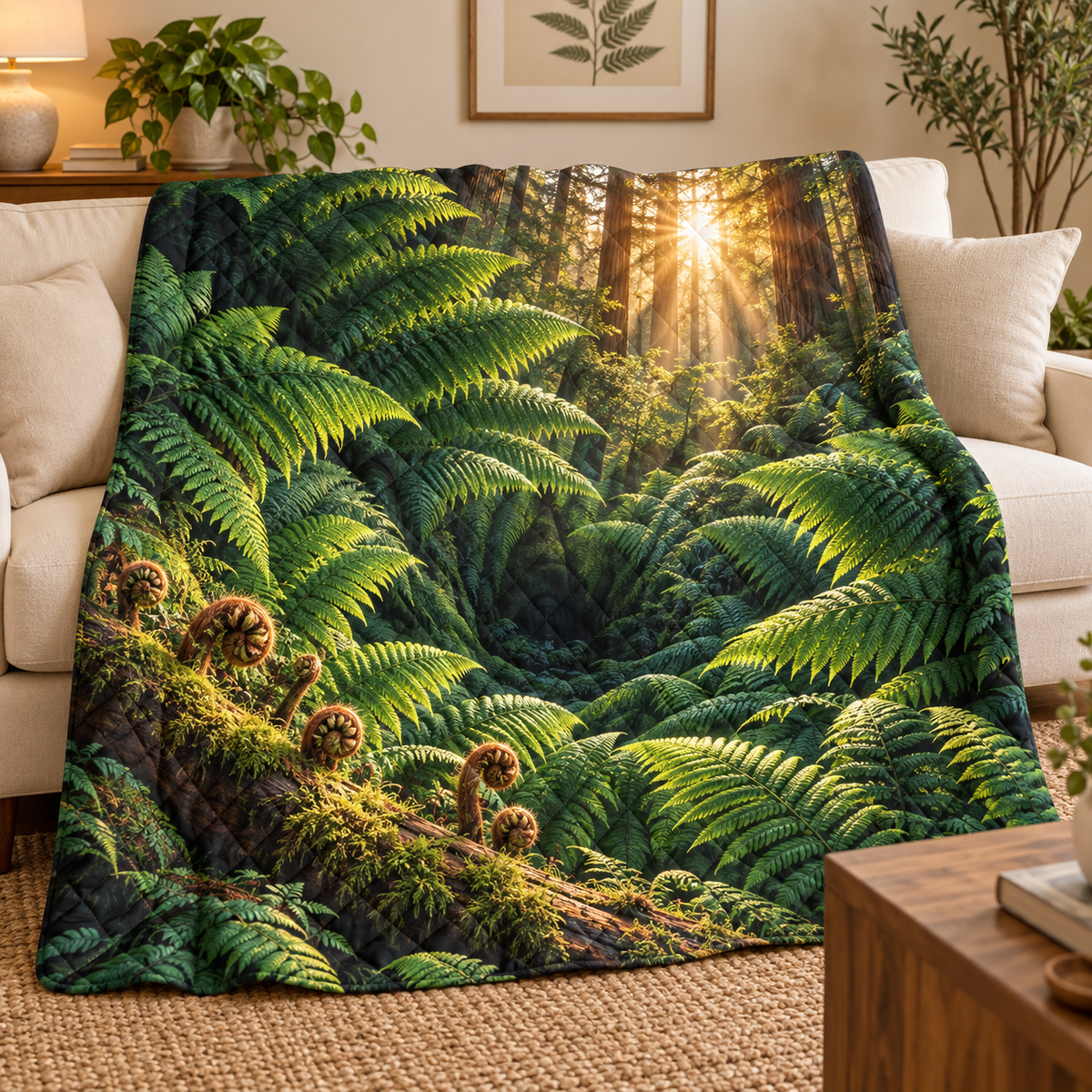 Emerald Fern Sunburst Atrium Quilt Blanket with printed optical 3D artwork in its use setting