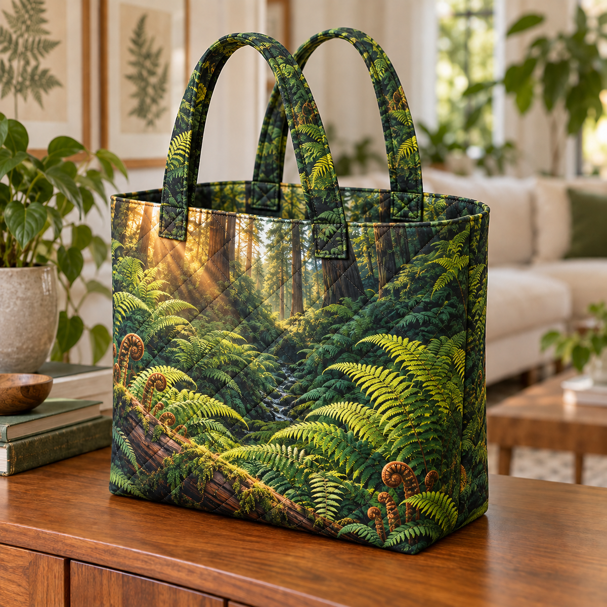 Emerald Fern Sunburst Atrium Quilted Tote Bag with printed optical 3D artwork in its use setting
