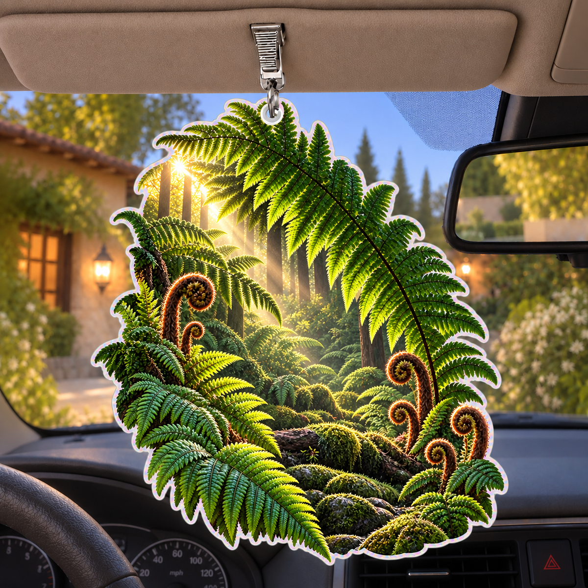 Emerald Fern Sunburst Atrium Holographic Car Visor Clip with printed optical 3D artwork in its use setting