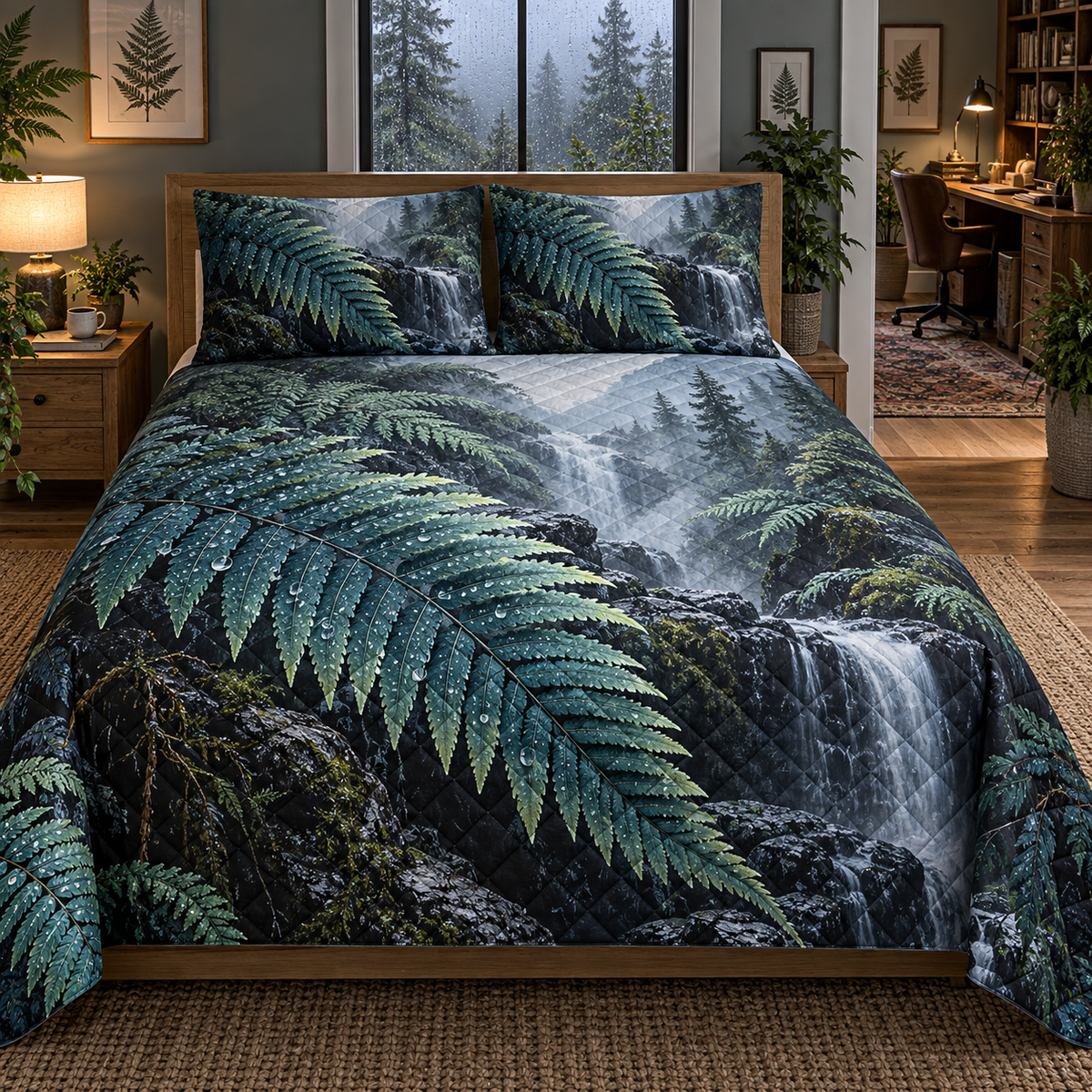 Jade Fern Rainfall Study Quilted Bedding Set with printed optical 3D artwork in its use setting