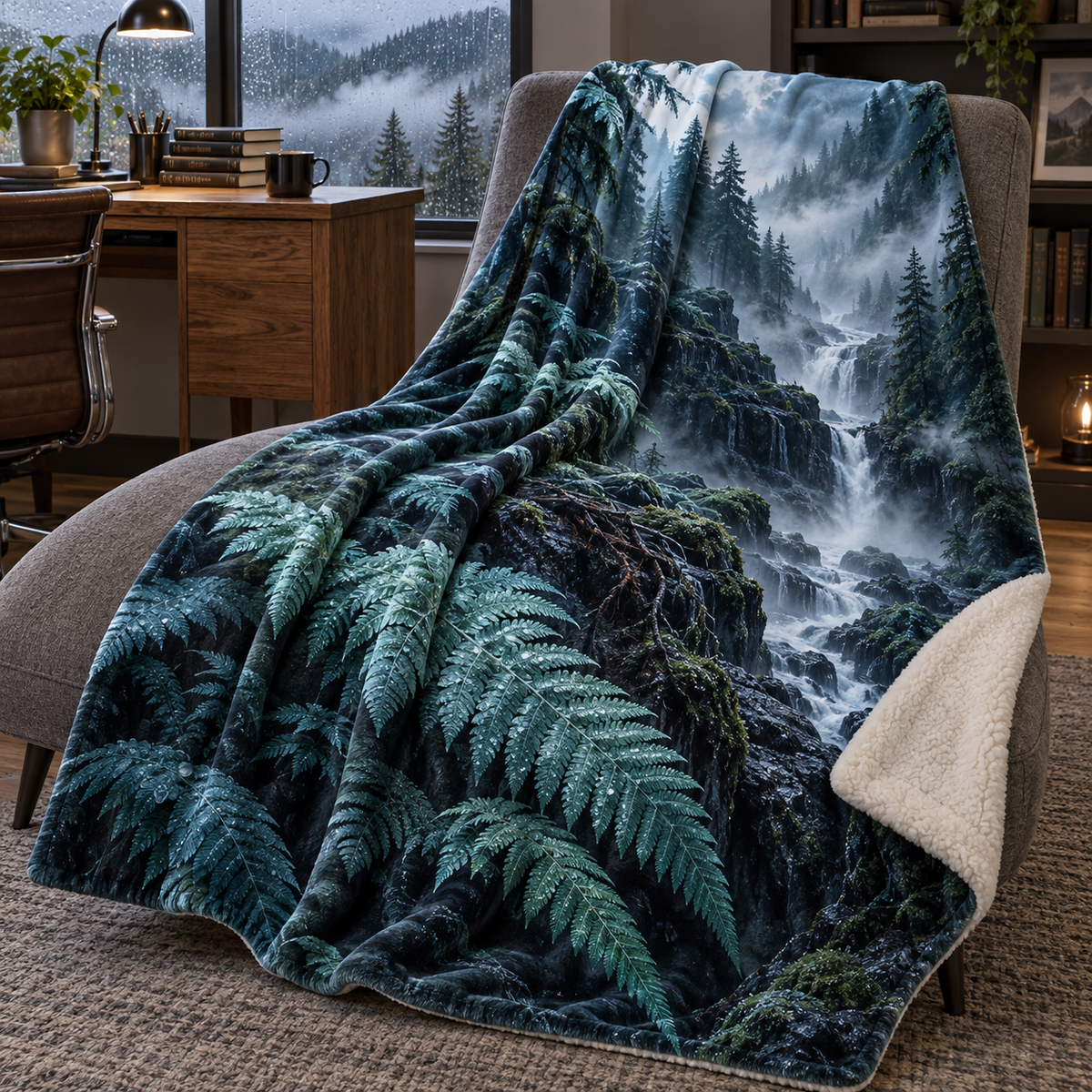 Jade Fern Rainfall Study Sherpa & Fleece Blanket with printed optical 3D artwork in its use setting