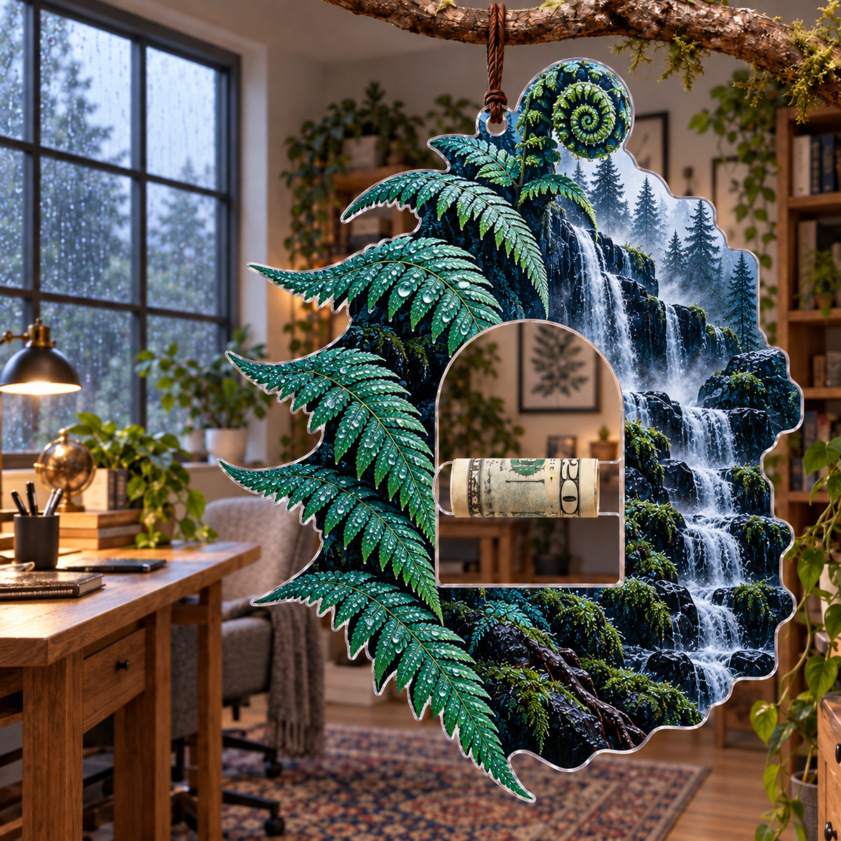 Jade Fern Rainfall Study Acrylic Cash Holder Ornament with printed optical 3D artwork in its use setting