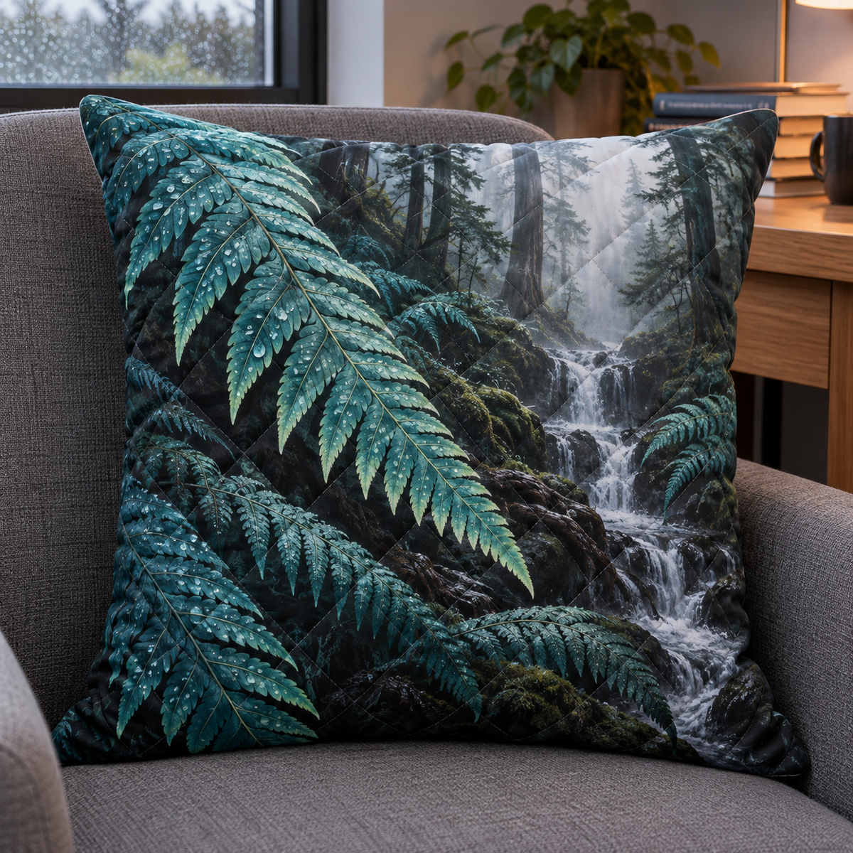 Jade Fern Rainfall Study Quilted Cushion Cover with printed optical 3D artwork in its use setting