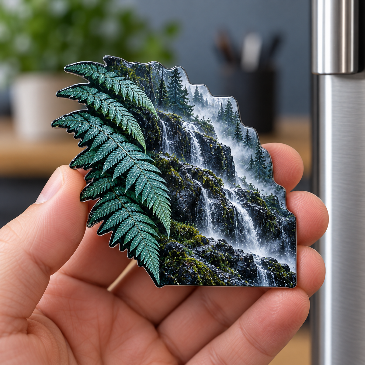 Jade Fern Rainfall Study Acrylic Refrigerator Magnet with printed optical 3D artwork in its use setting