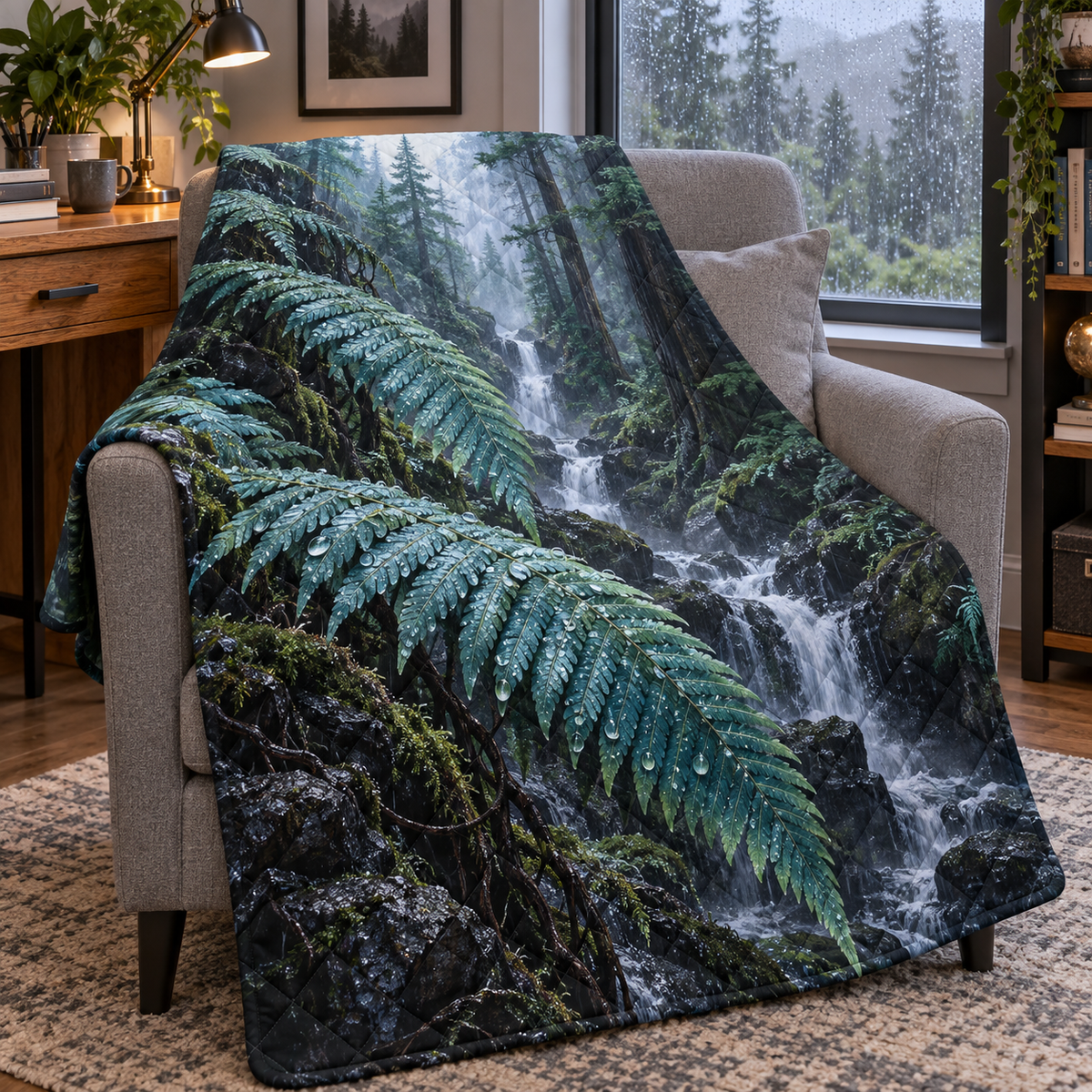 Jade Fern Rainfall Study Quilt Blanket with printed optical 3D artwork in its use setting