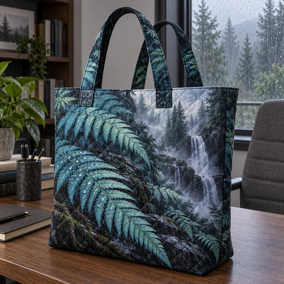 Jade Fern Rainfall Study Quilted Tote Bag with printed optical 3D artwork in its use setting