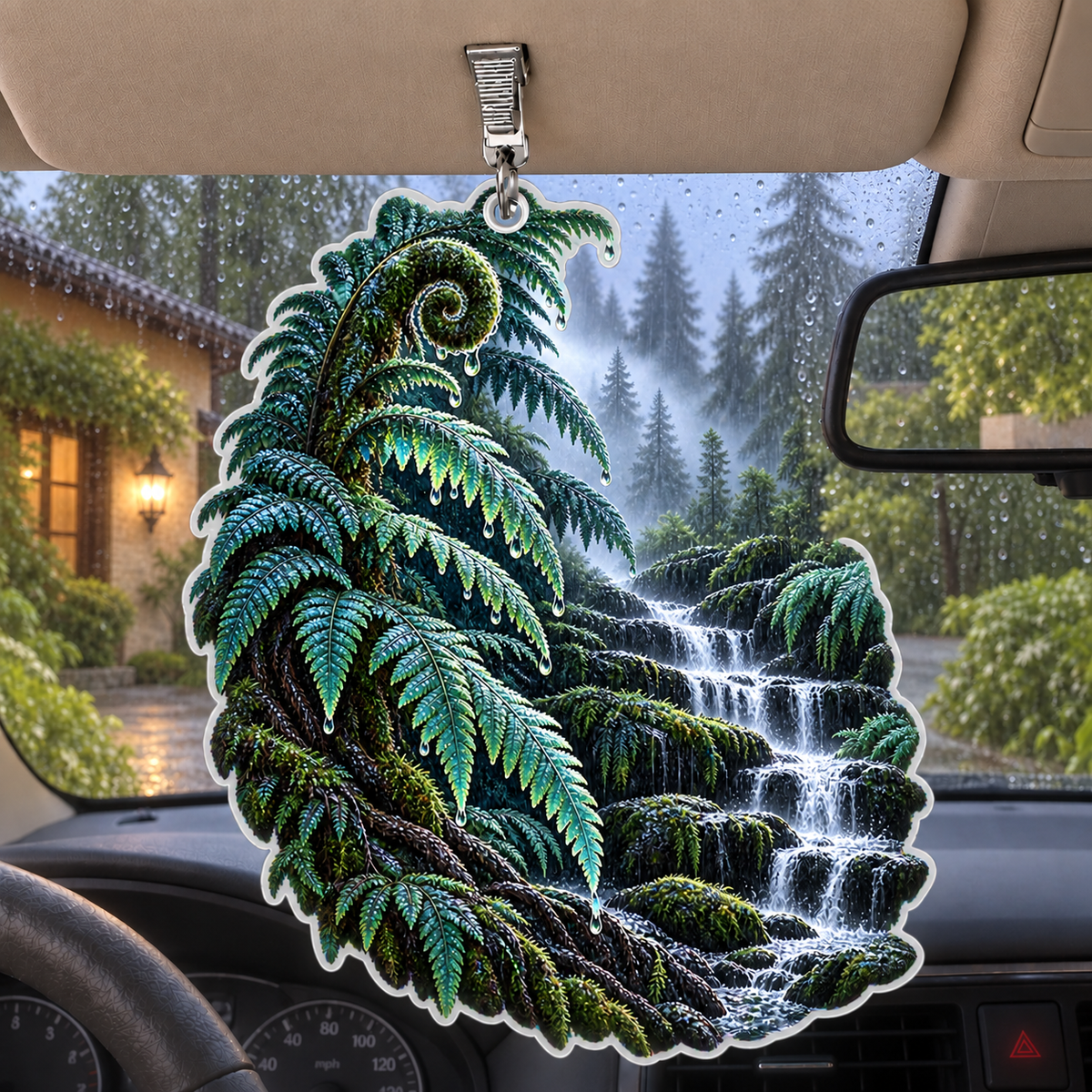 Jade Fern Rainfall Study Holographic Car Visor Clip with printed optical 3D artwork in its use setting