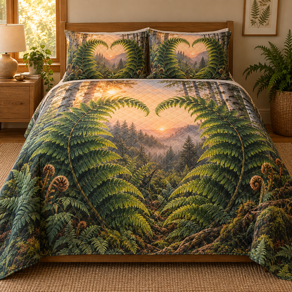 Fern Heart Woodland Haven Quilted Bedding Set with printed optical 3D artwork in its use setting
