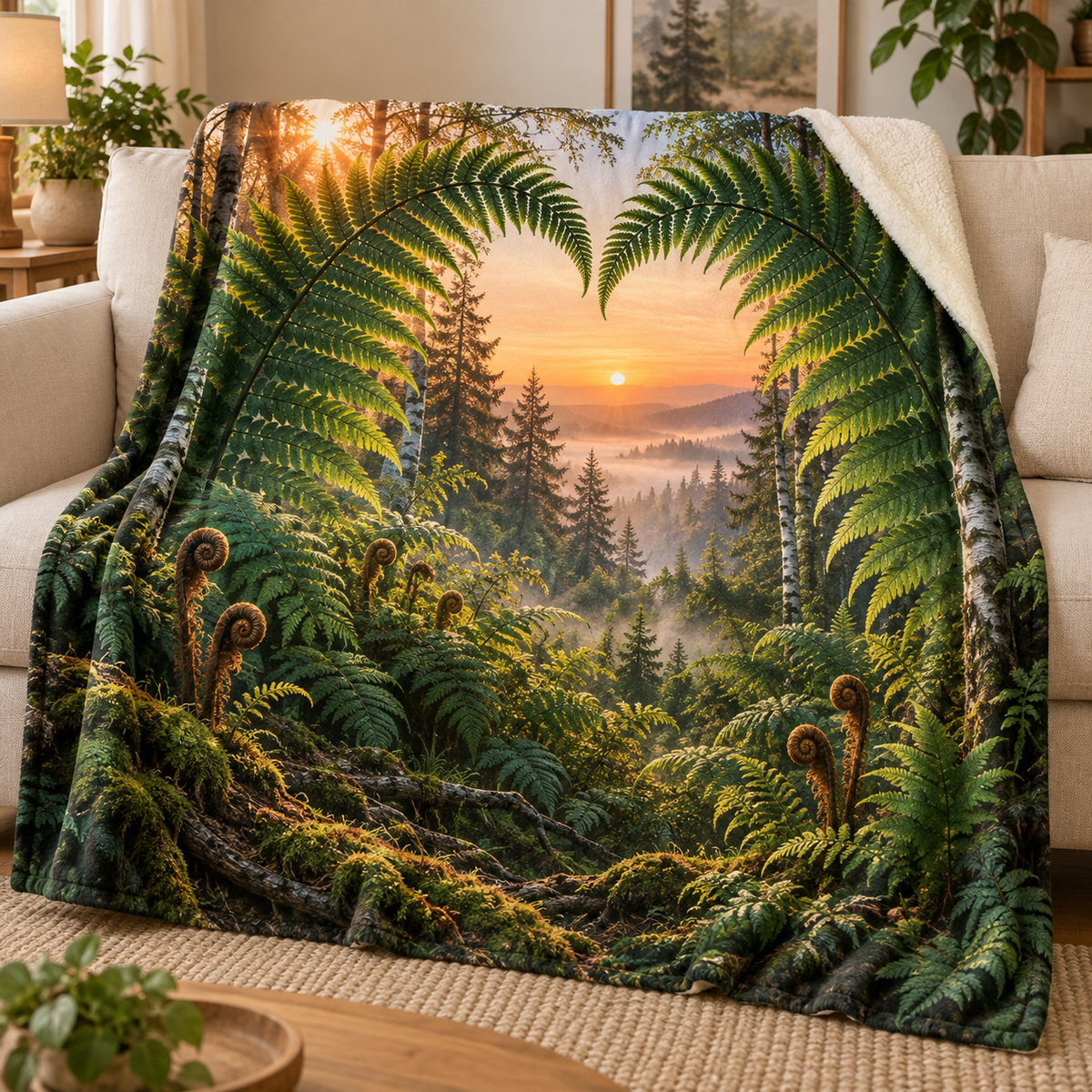 Fern Heart Woodland Haven Sherpa & Fleece Blanket with printed optical 3D artwork in its use setting