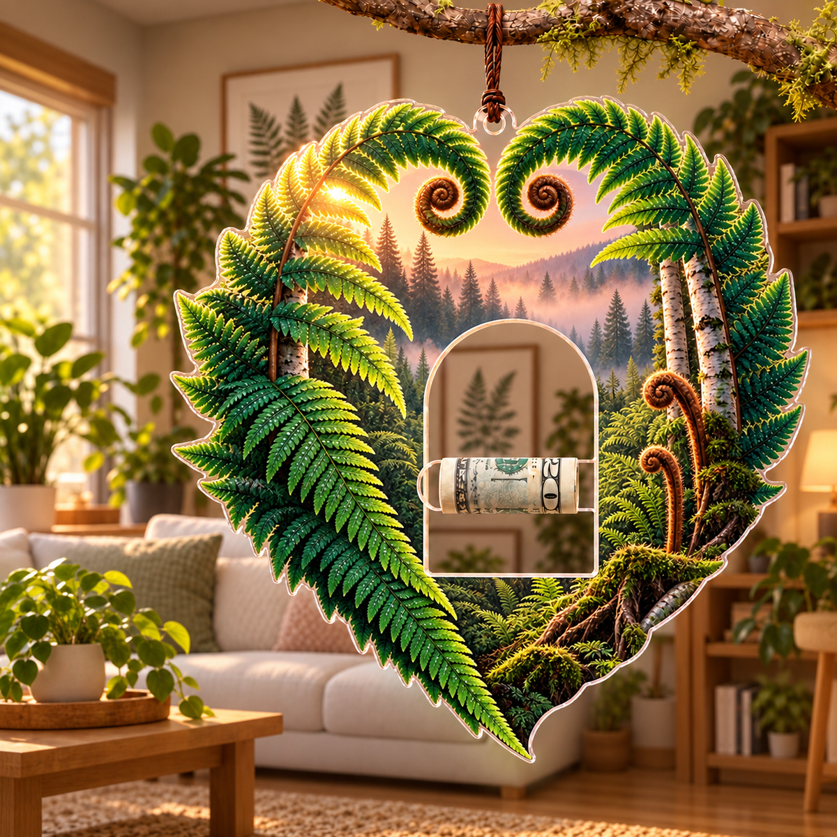 Fern Heart Woodland Haven Acrylic Cash Holder Ornament with printed optical 3D artwork in its use setting