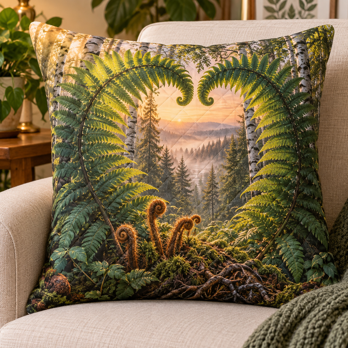 Fern Heart Woodland Haven Quilted Cushion Cover with printed optical 3D artwork in its use setting