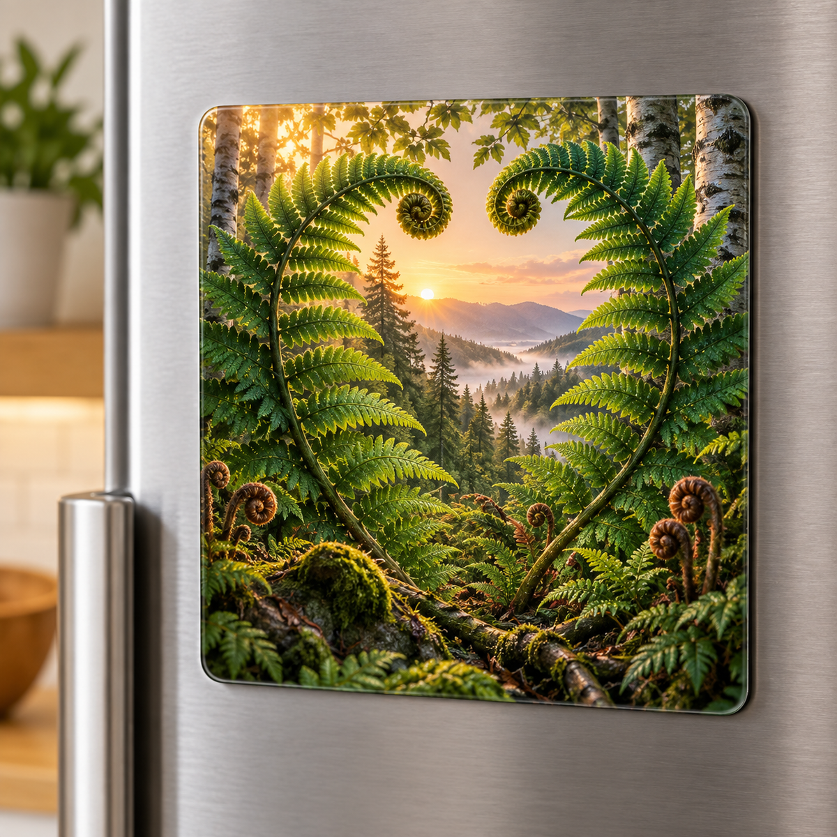Fern Heart Woodland Haven Acrylic Refrigerator Magnet with printed optical 3D artwork in its use setting