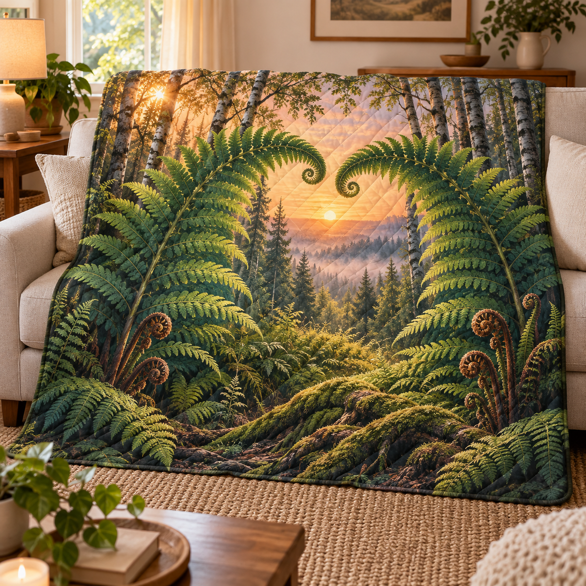 Fern Heart Woodland Haven Quilt Blanket with printed optical 3D artwork in its use setting