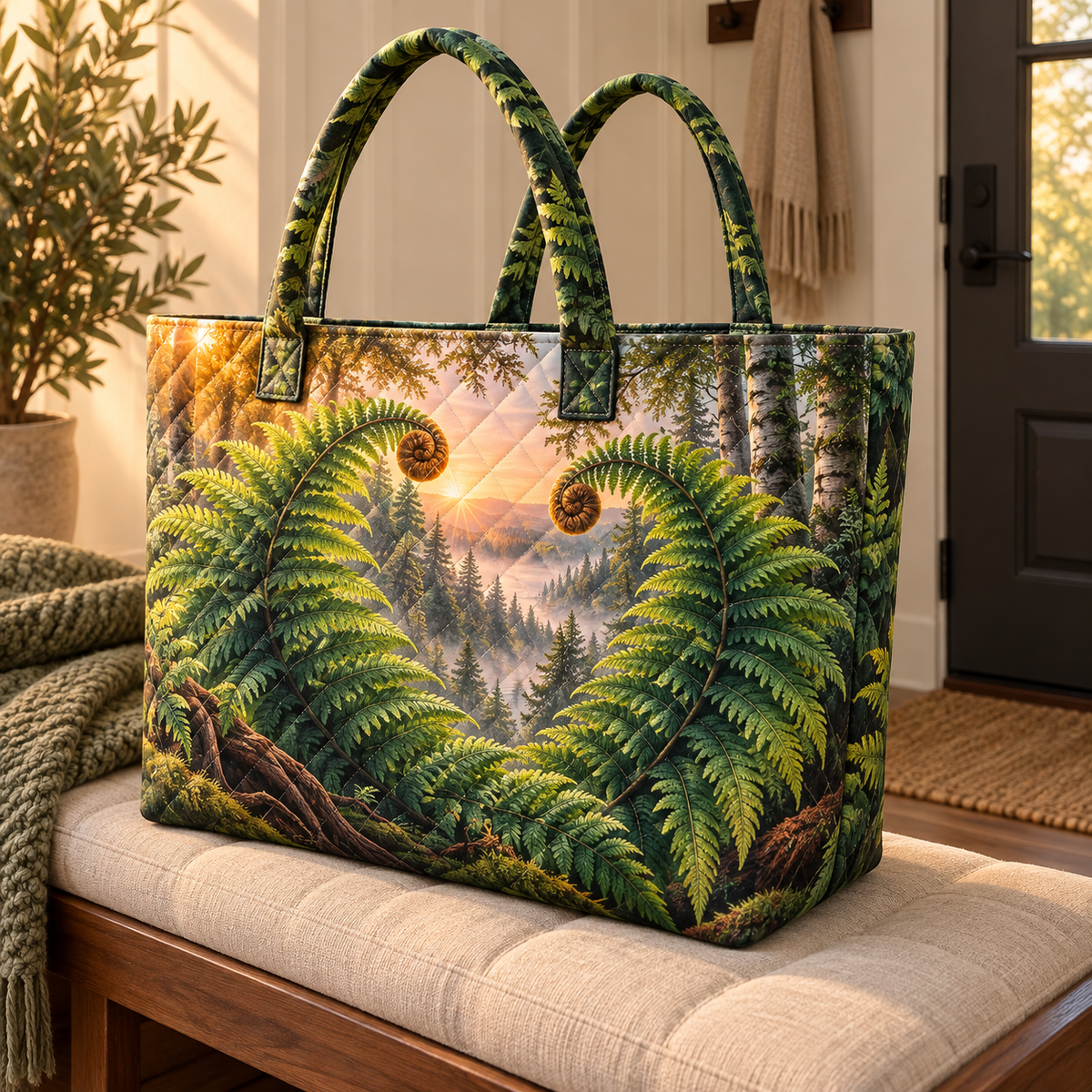 Fern Heart Woodland Haven Quilted Tote Bag with printed optical 3D artwork in its use setting