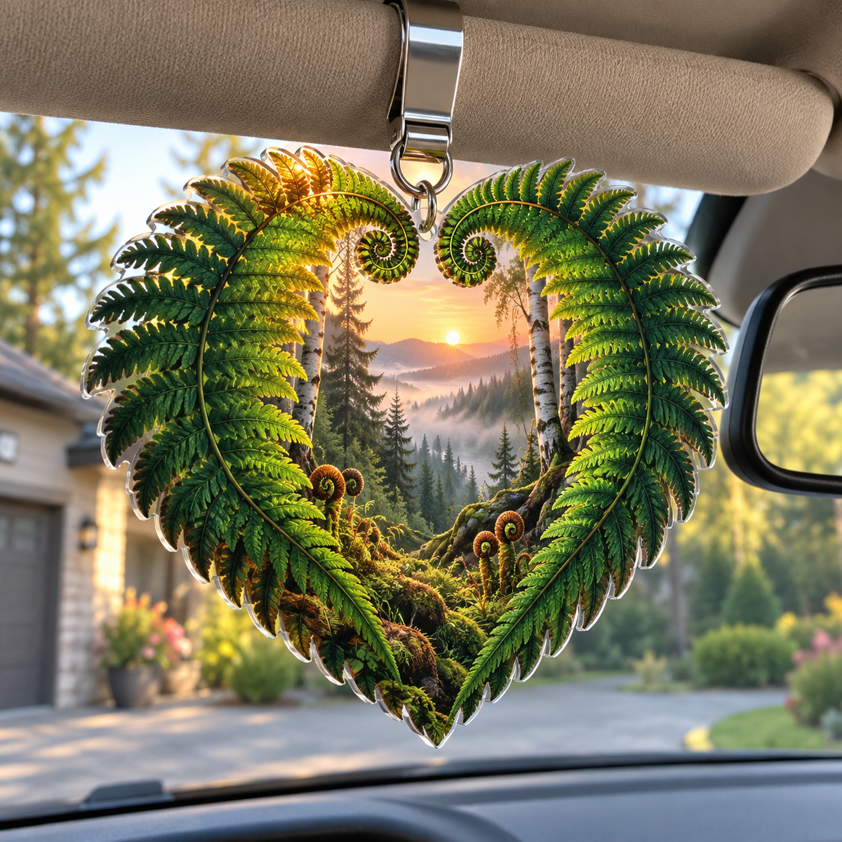 Fern Heart Woodland Haven Holographic Car Visor Clip with printed optical 3D artwork in its use setting