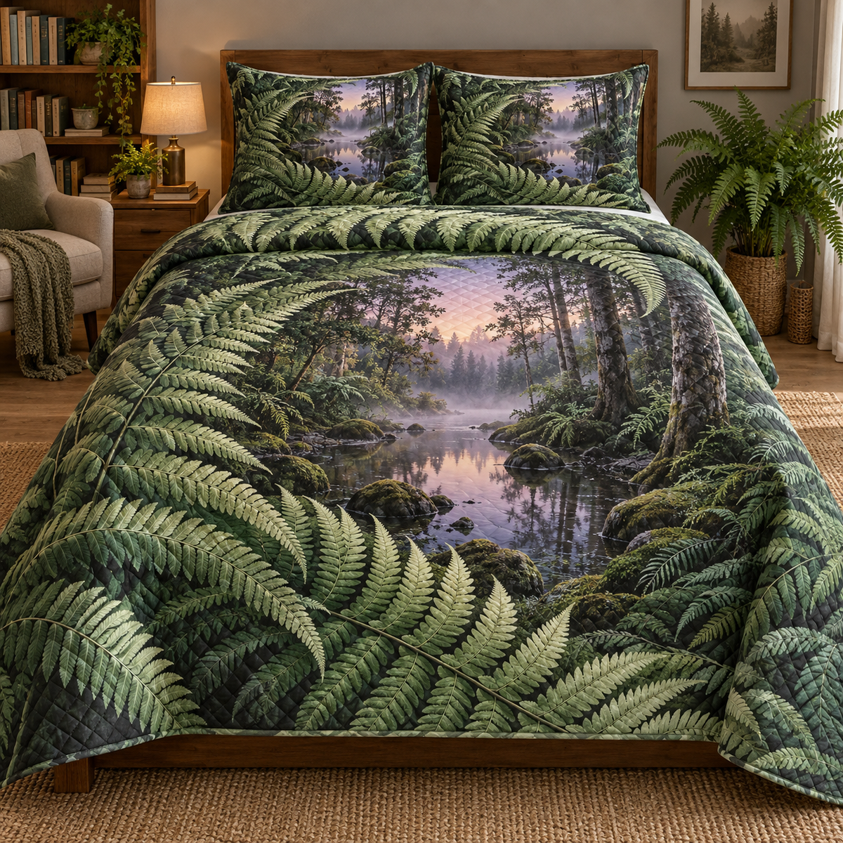 Fern Spiral Stillwater Retreat Quilted Bedding Set with printed optical 3D artwork in its use setting