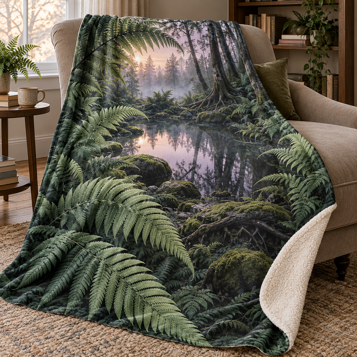 Fern Spiral Stillwater Retreat Sherpa & Fleece Blanket with printed optical 3D artwork in its use setting