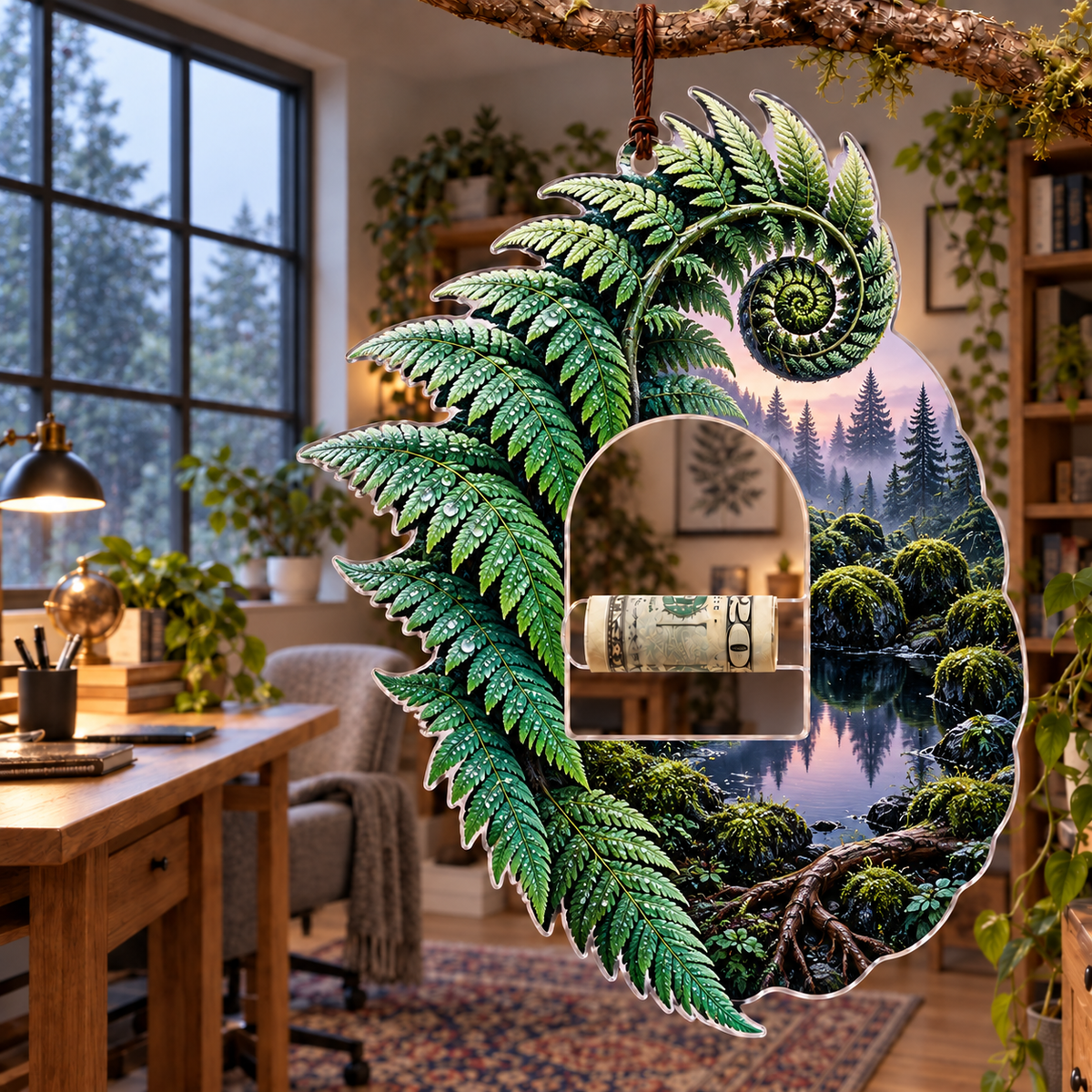 Fern Spiral Stillwater Retreat Acrylic Cash Holder Ornament with printed optical 3D artwork in its use setting
