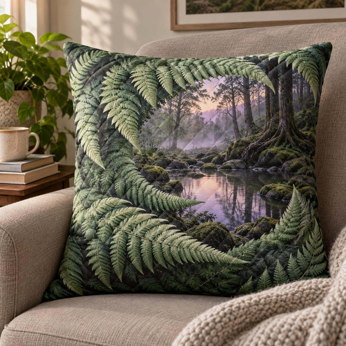 Fern Spiral Stillwater Retreat Quilted Cushion Cover with printed optical 3D artwork in its use setting