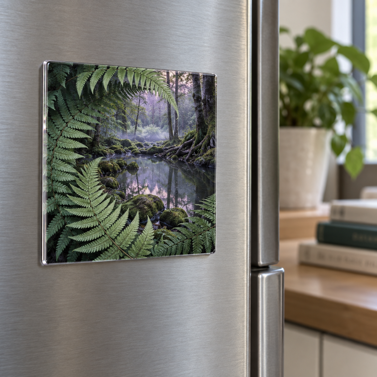 Fern Spiral Stillwater Retreat Acrylic Refrigerator Magnet with printed optical 3D artwork in its use setting