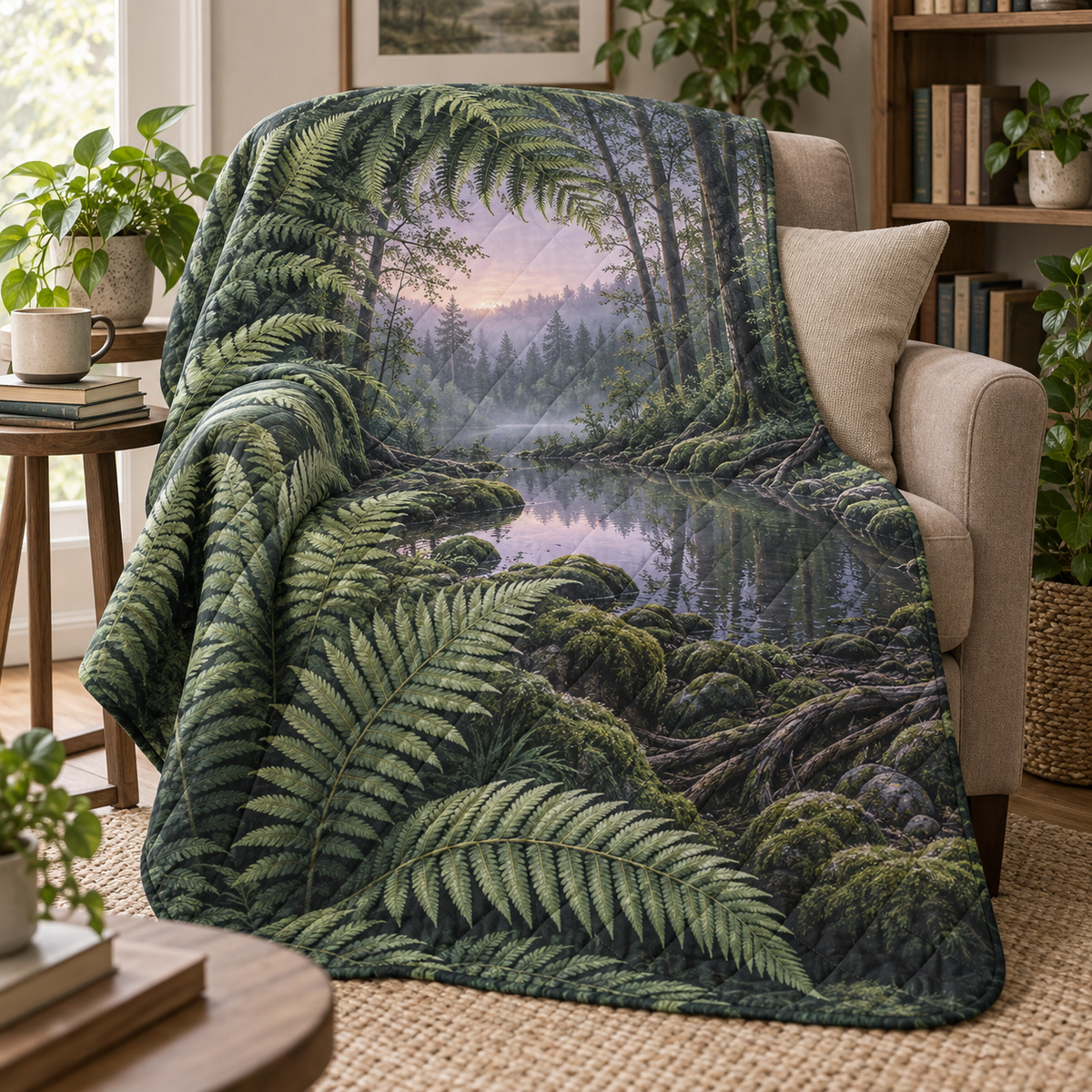 Fern Spiral Stillwater Retreat Quilt Blanket with printed optical 3D artwork in its use setting