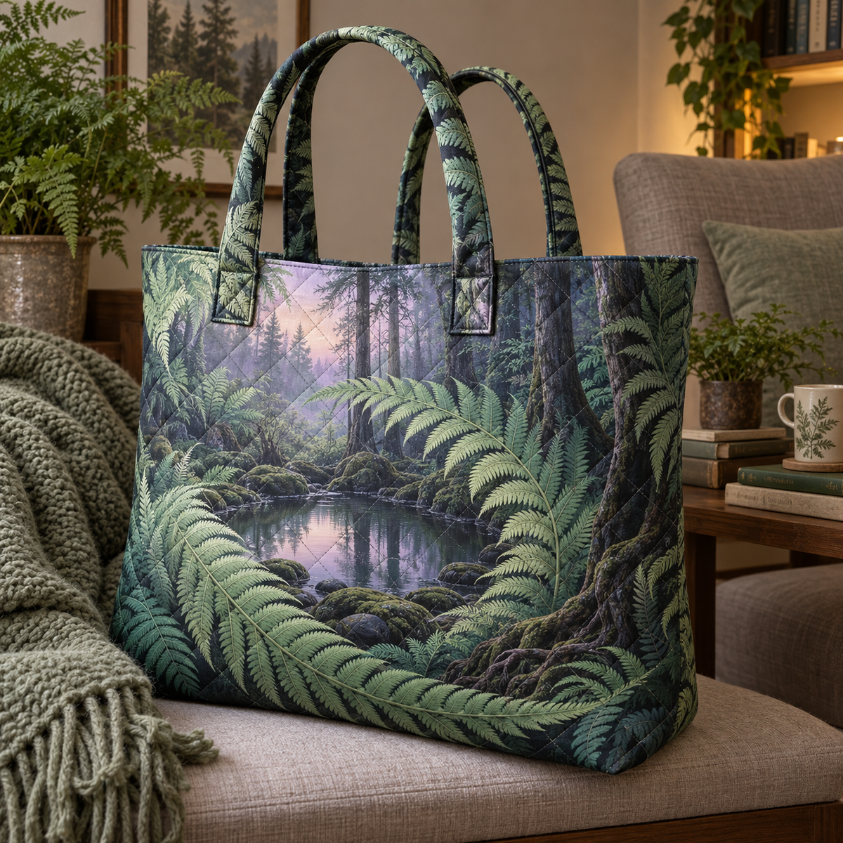 Fern Spiral Stillwater Retreat Quilted Tote Bag with printed optical 3D artwork in its use setting