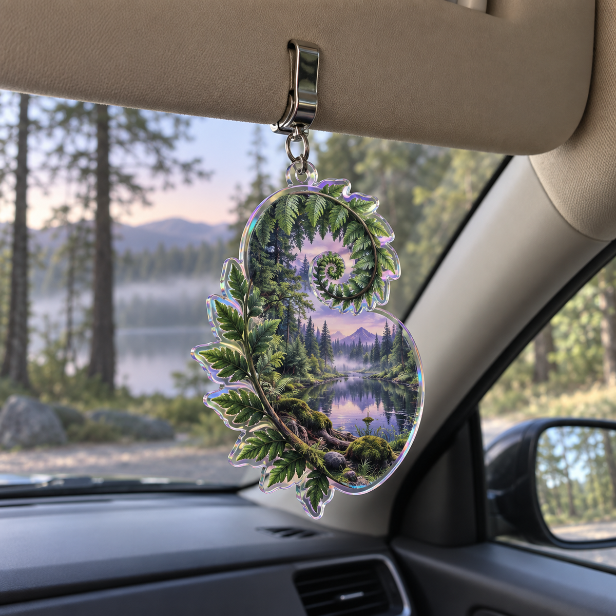 Fern Spiral Stillwater Retreat Holographic Car Visor Clip with printed optical 3D artwork in its use setting