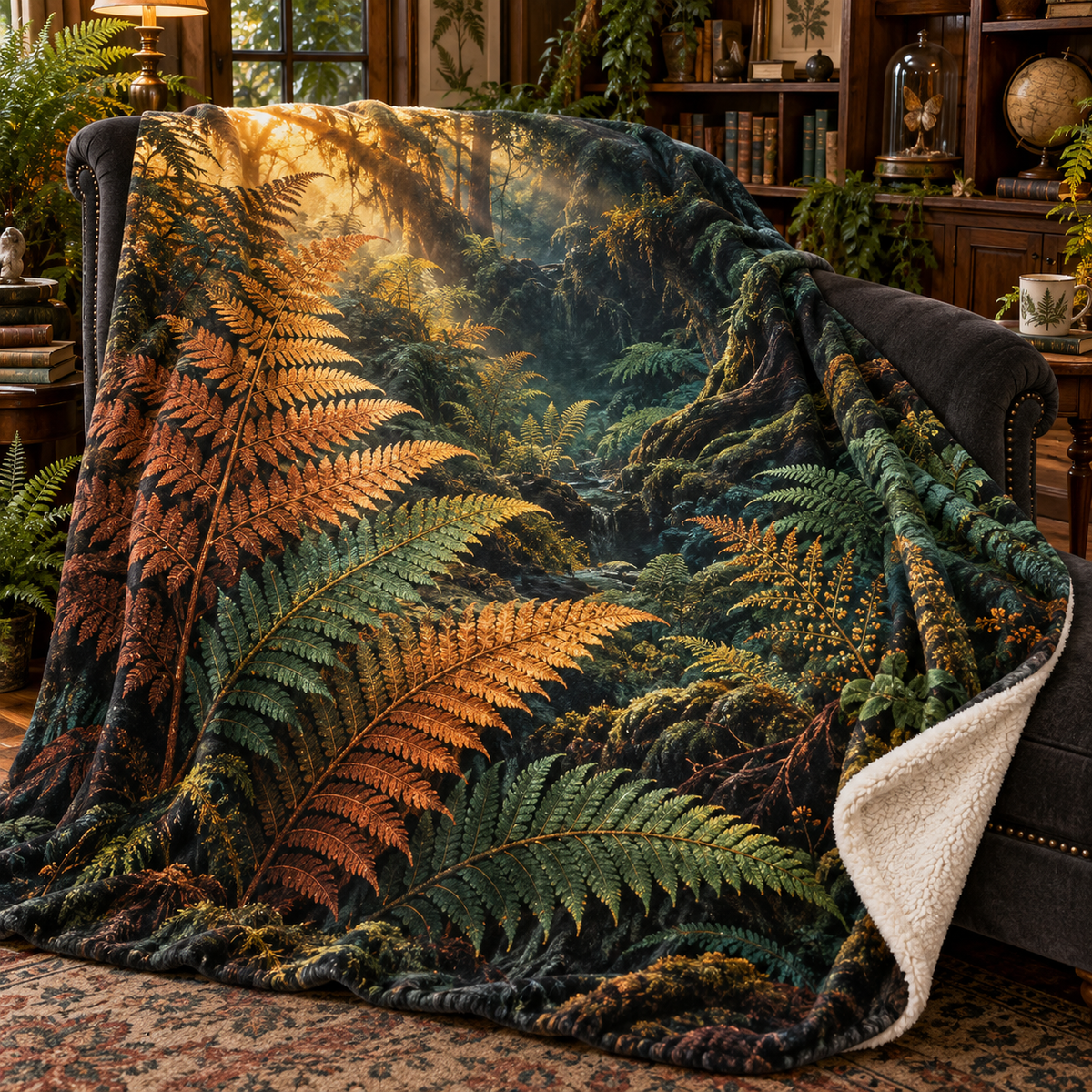 Amber Fern Collector Cabinet Sherpa & Fleece Blanket with printed optical 3D artwork in its use setting