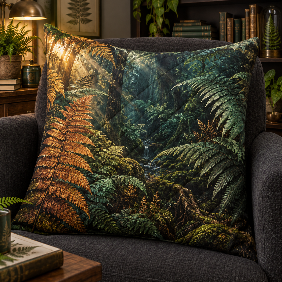Amber Fern Collector Cabinet Quilted Cushion Cover with printed optical 3D artwork in its use setting