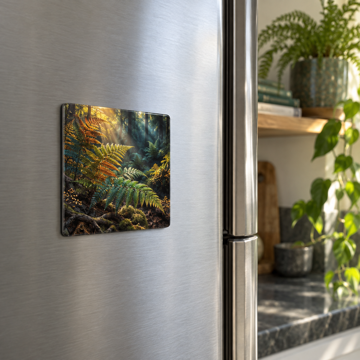 Amber Fern Collector Cabinet Acrylic Refrigerator Magnet with printed optical 3D artwork in its use setting