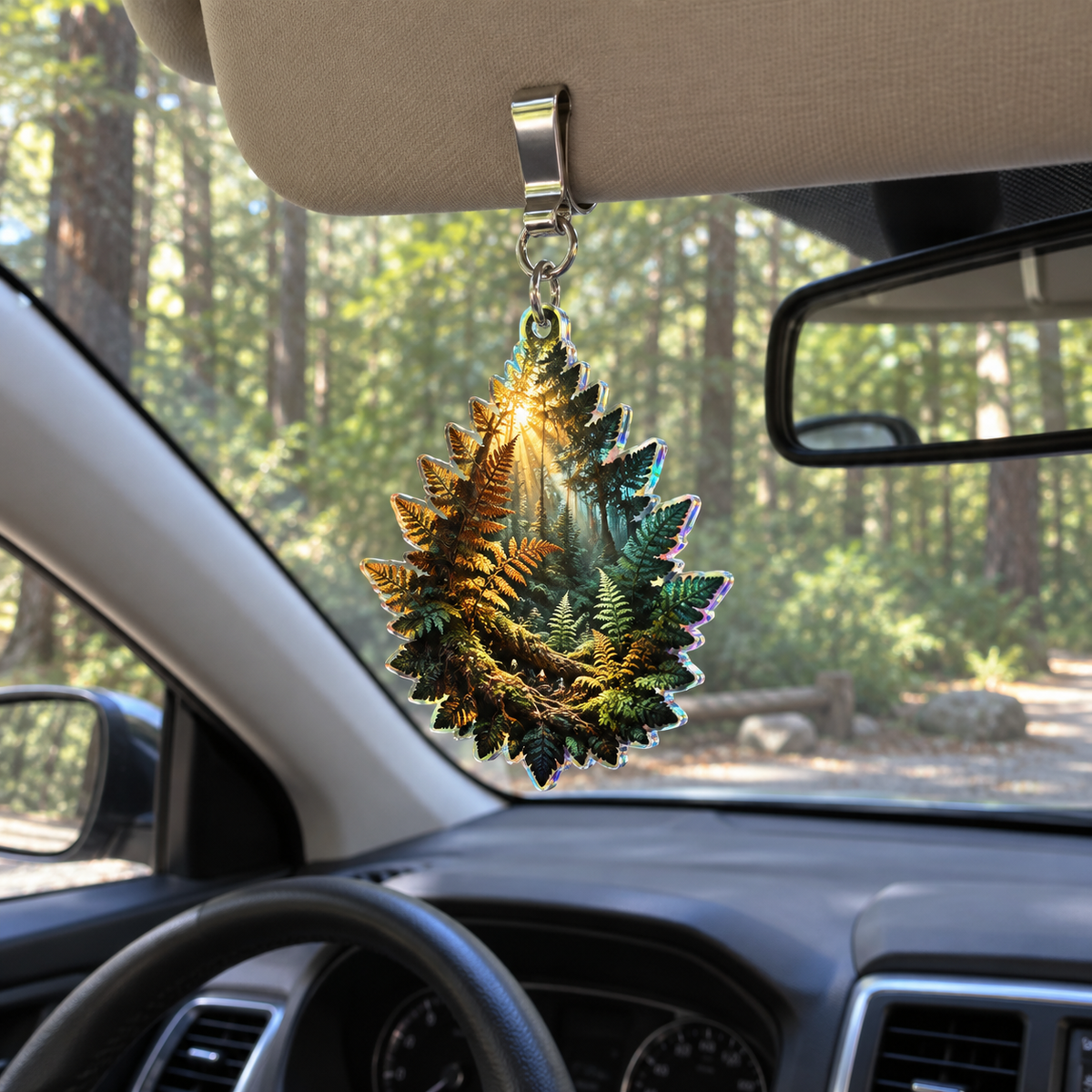 Amber Fern Collector Cabinet Holographic Car Visor Clip with printed optical 3D artwork in its use setting