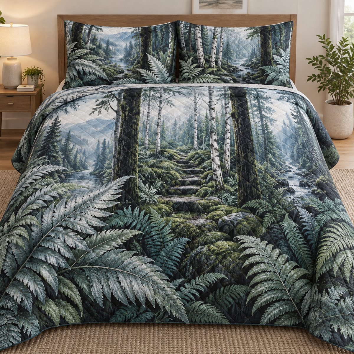 Silver Fern Triptych Passage Quilted Bedding Set with printed optical 3D artwork in its use setting