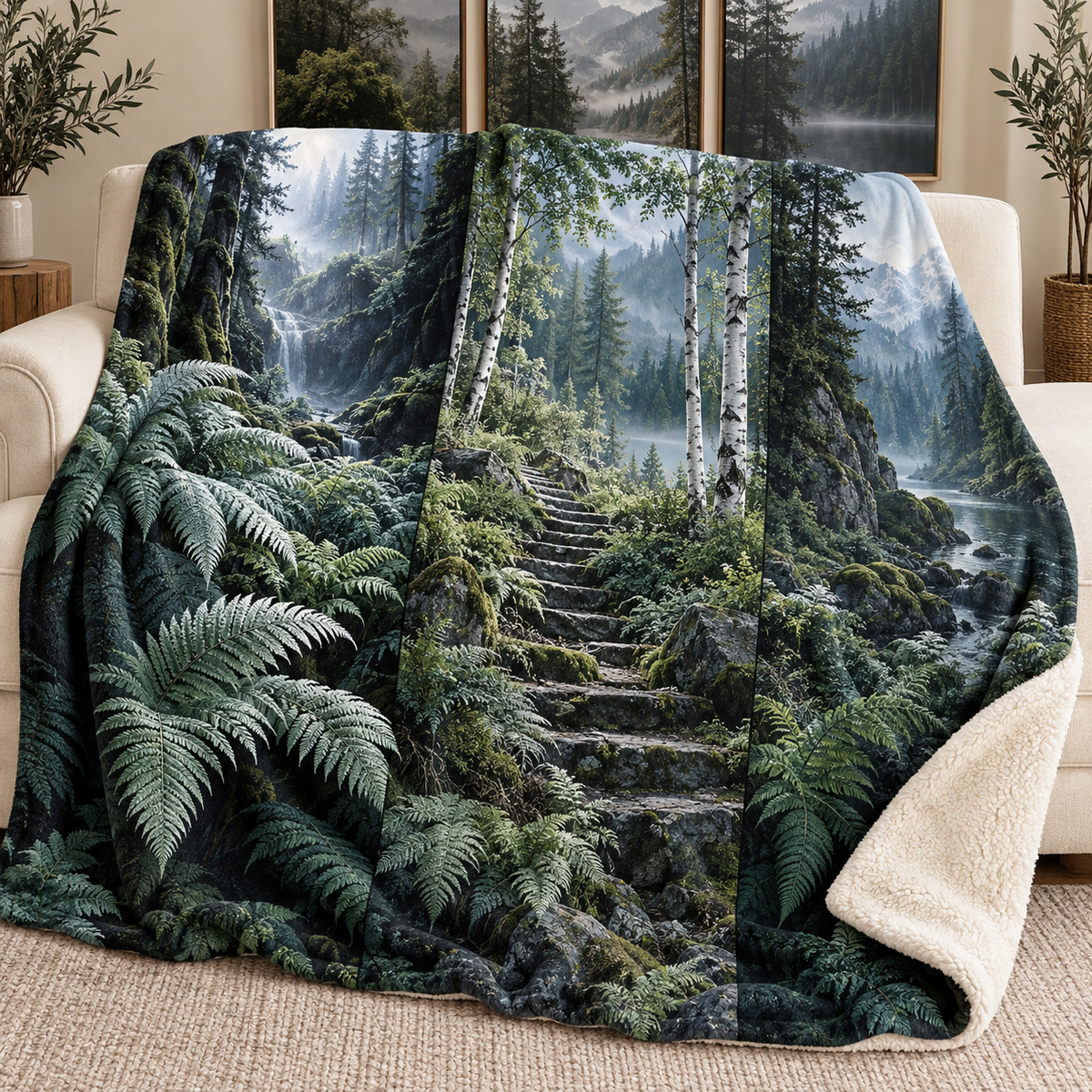 Silver Fern Triptych Passage Sherpa & Fleece Blanket with printed optical 3D artwork in its use setting
