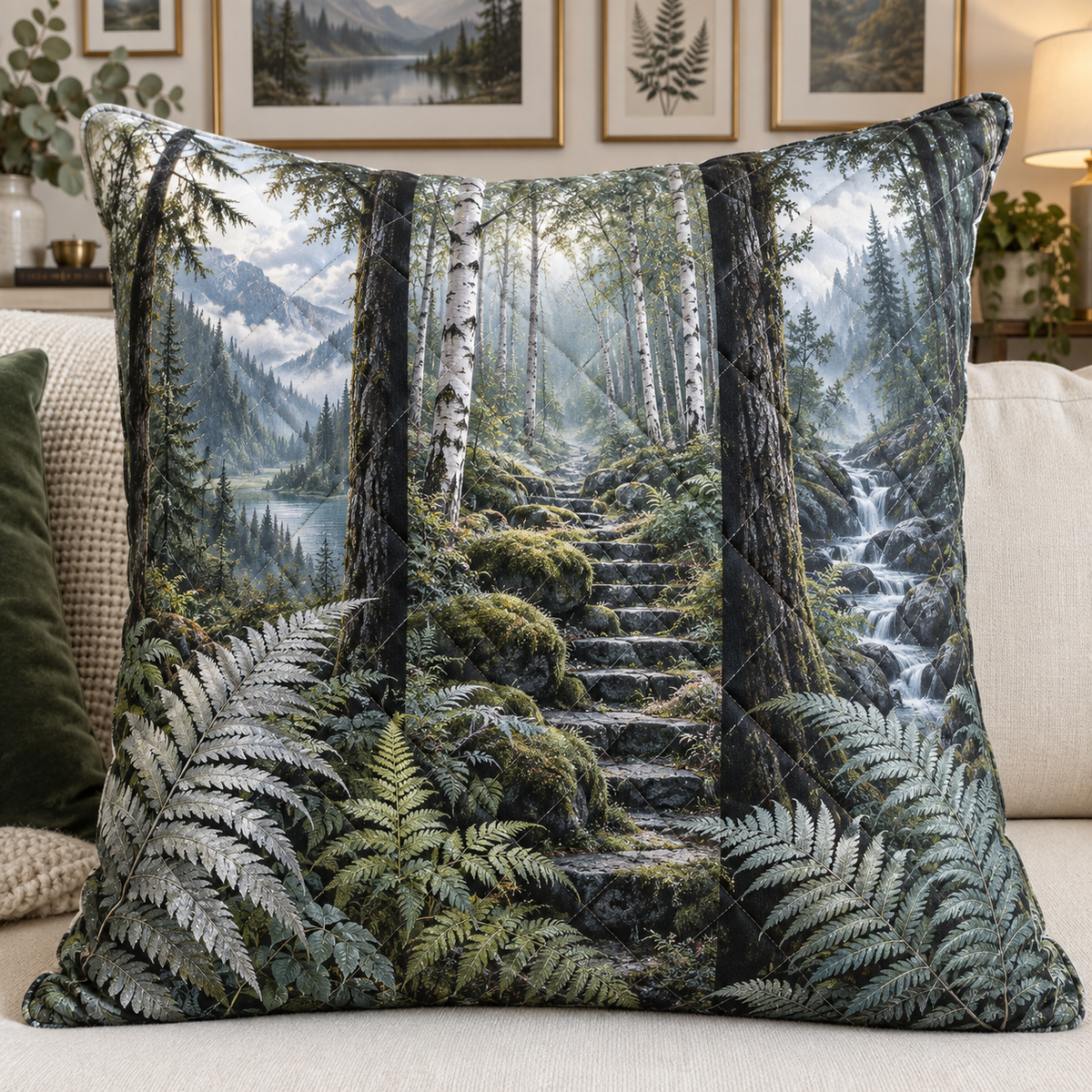 Silver Fern Triptych Passage Quilted Cushion Cover with printed optical 3D artwork in its use setting