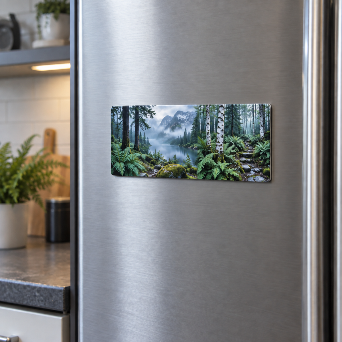 Silver Fern Triptych Passage Acrylic Refrigerator Magnet with printed optical 3D artwork in its use setting