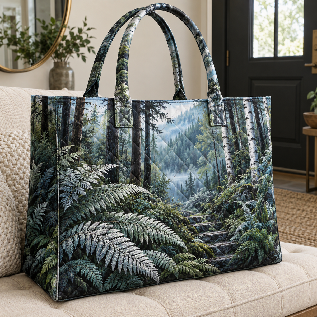 Silver Fern Triptych Passage Quilted Tote Bag with printed optical 3D artwork in its use setting