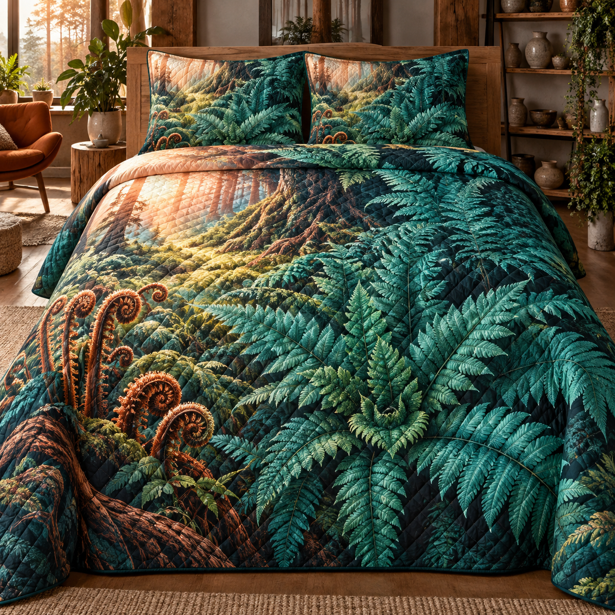 Fern Rosette Creative Sanctuary Quilted Bedding Set with printed optical 3D artwork in its use setting