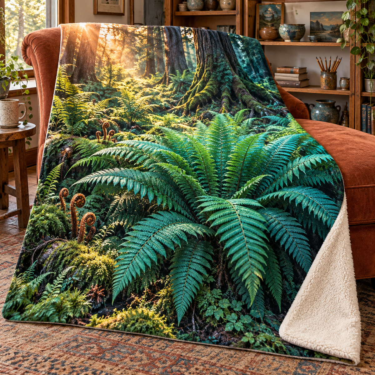 Fern Rosette Creative Sanctuary Sherpa & Fleece Blanket with printed optical 3D artwork in its use setting