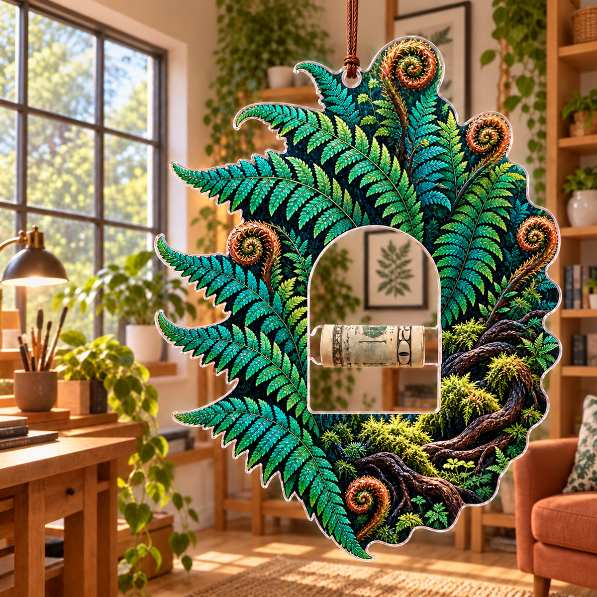 Fern Rosette Creative Sanctuary Acrylic Cash Holder Ornament with printed optical 3D artwork in its use setting